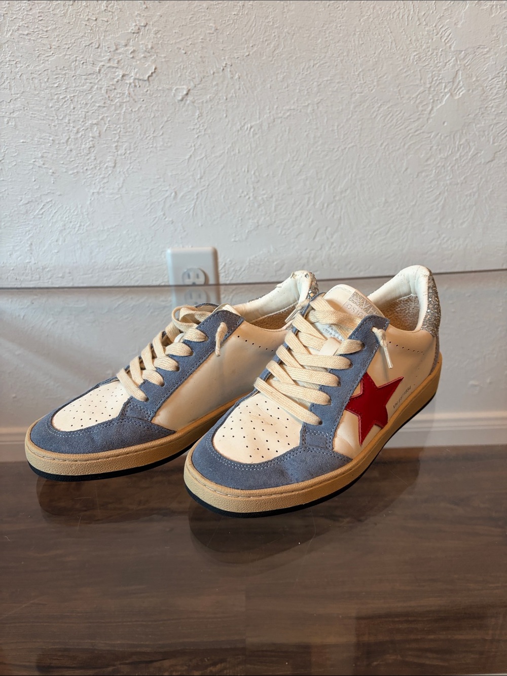 Vintage Havana Cream and Blue Sneaker with Red Star Accent